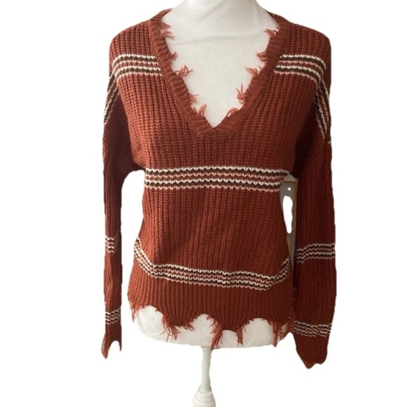 NO COMMENT NY•LA  Small Frayed/Distressed, Grunge, Crop Sweater Orange Striped - Picture 1 of 7